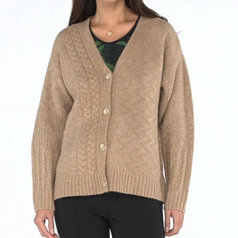 CAbi Neighborhood cardigan sweater boxy cable knit oversized camel tan new Large